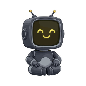 Cute Pixel Art Robot Mascot With Gray Body And Smiling Glowing Yellow Screen Face Sitting Cross Legged Isolated On Transparent Background