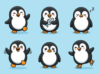 Fototapeta premium Cute Pixel Art Penguins In Six Poses On Light Blue Background Playful Antarctic Wildlife Cartoon Set With Happy Dancing Walking Sleeping And Fish Holding Actions