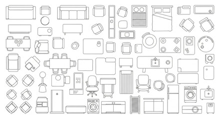 Top Down View Of Furniture And Room Layouts In Black And White. © Jeni