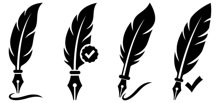 Quill feather pen icon set for writing, signing and verification