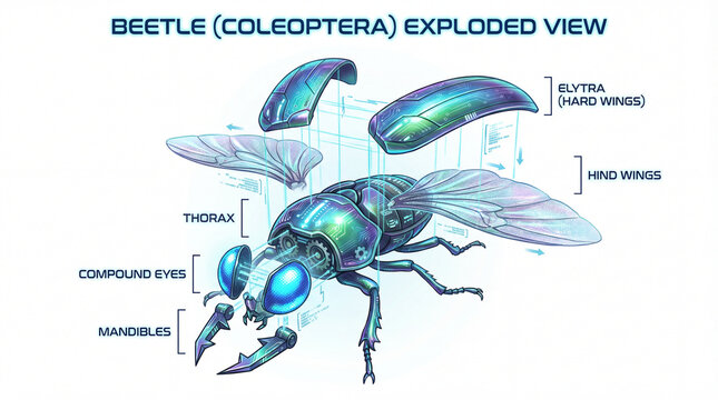 Beetle anatomy exploded infographic showing elytra hind wings thorax mandibles plus compound eyes for entomology education classroom poster insect structure visual reference graphic