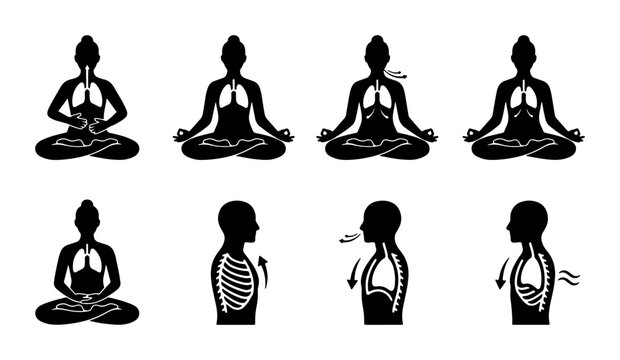 Yoga Breathing Exercises, Respiratory System Anatomy, Meditation Poses, Health and Wellness Icons Set