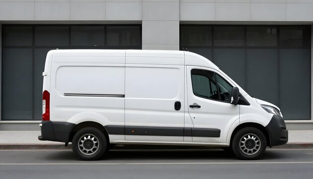 White cargo van parked on the side of a modern street with a building background