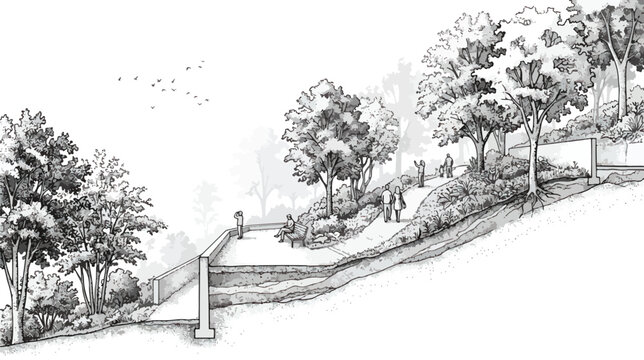 Hand-drawn landscape architecture sketch, urban park hillside garden with trees and walking paths, black and white pencil drawing of public park space