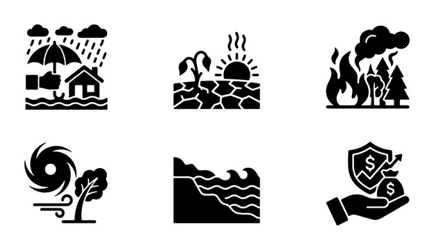Natural Disaster and Climate Change Icons, Set of 6, Vector Graphics for Insurance and Environmental Concepts