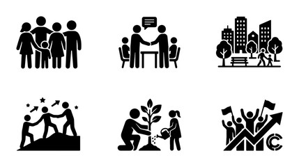 Fototapeta premium Community Icons Set: Family, Business Meeting, City Park, Teamwork, Planting, Celebration, Vector Graphics for Social Concepts