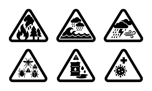 Set of 6 Vector Danger Warning Icons: Fire, Flood, Storm, Insects, Chemical Spill, Virus - Safety Alert Symbols