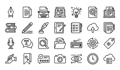 Fototapeta premium Content creation and blogging icons: vector illustrations representing writing digital media online content