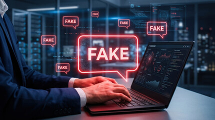 Fototapeta premium Cybersecurity and misinformation detection concept with professional using laptop beside virtual fake warning notifications for digital fraud and online security risks