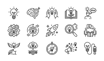 Innovation and ideas icons - brainstorming creativity strategy problem solving with light bulb, magnifying glas © ROP