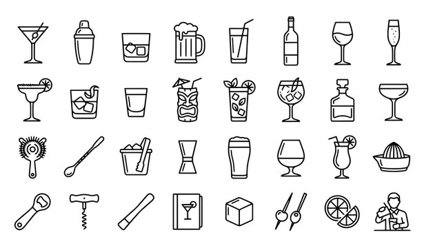 Cocktail and bar accessories icons vector set with ice bucket wine glass martini glass wine bottle beer mug