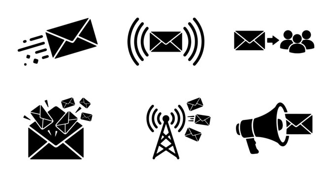 Email Communication Icons Set, Digital Messaging Vector Graphics, Newsletter Broadcast Symbols, Mail Delivery Icons, Online Correspondence Icons