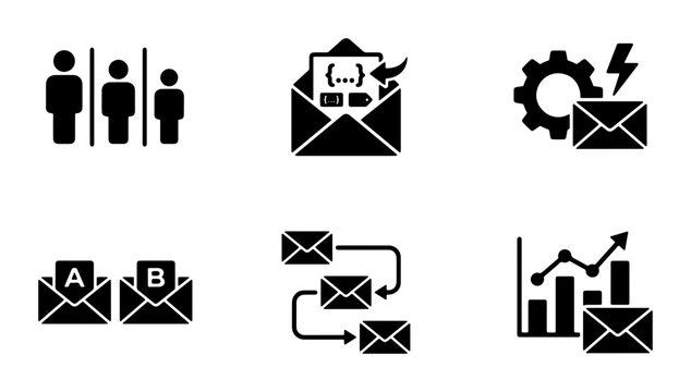 Email Marketing Icons Set: Audience Segmentation, A/B Testing, Automation, Analytics, Campaign Management, Black & White Vector Graphics