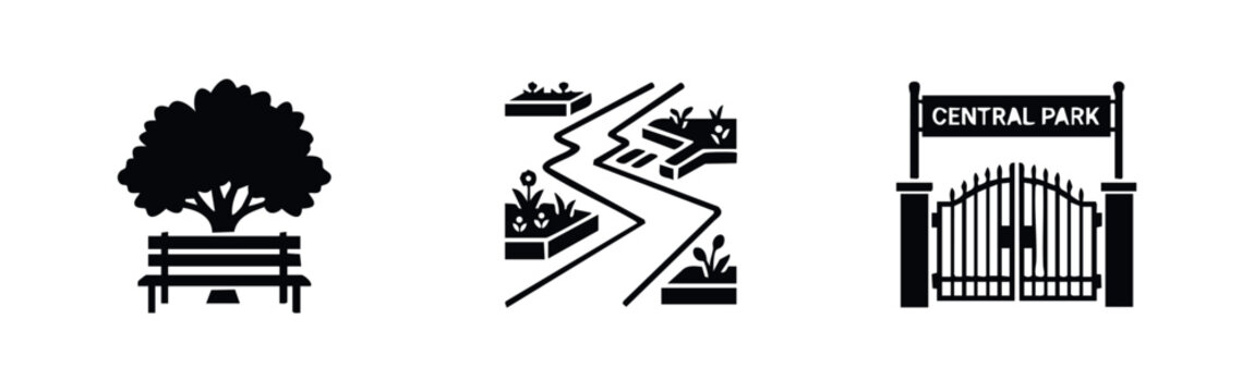 Public Park and Recreation Icons Set Featuring Bench Garden Path and Entrance Gate