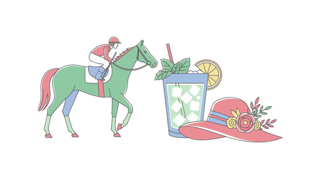 Horse Racing Jockey, Mint Julep Cocktail and Derby Hat - Flat Design