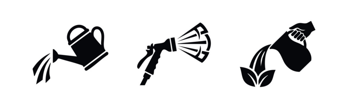 Plant Watering Icons with Watering Can Spray Nozzle and Hand Pitcher