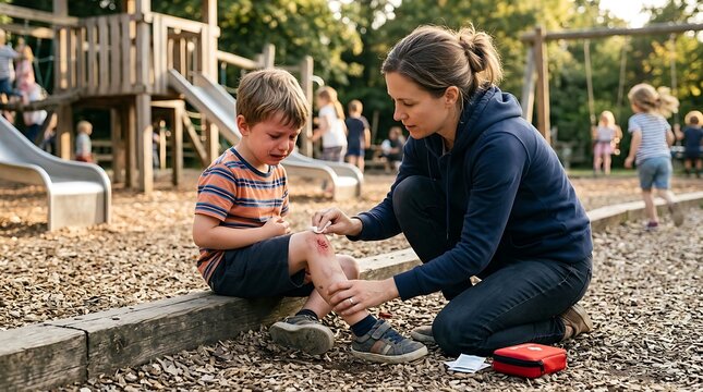 Refunding Child with Bandaged Leg in Outdoor Playground with Caretaker