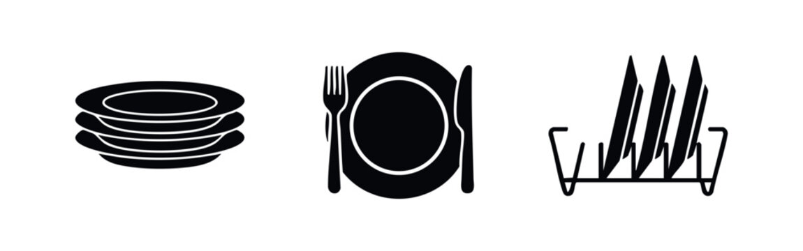 Dishware and plate icons including stacked plates and a dish drying rack
