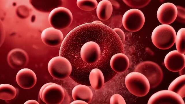 3d render of a textured red blood cell floating in plasma with blurred background cells