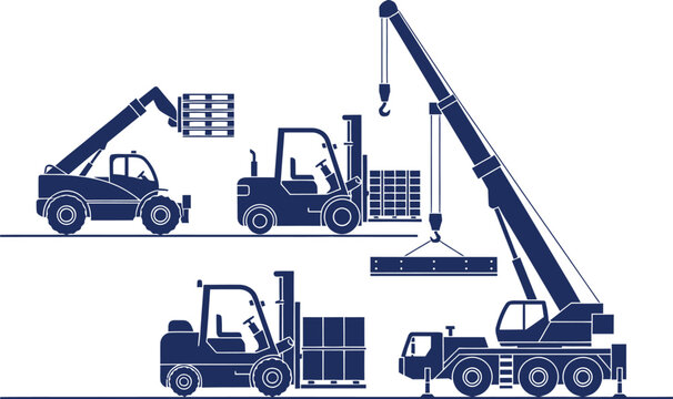 Collection of Industrial Lifting and Transport Equipment Silhouettes Keywords: forklift, crane, telehandler, pallet, boxes, cargo