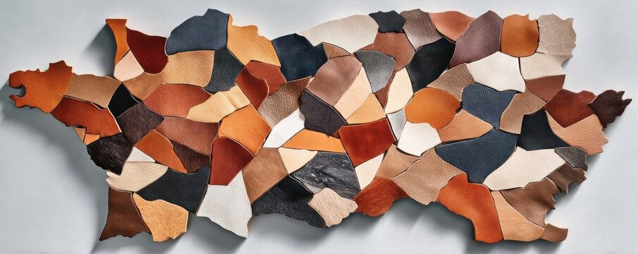 Patchwork leather map of France wall art with brown, black and orange pieces