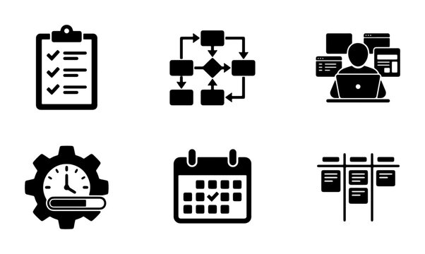Project Management Icons Set, Workflow and Planning Tools, Business Process Flowchart, Task Management and Calendar Symbols, Agile Board Vector Graphics