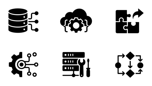 Technology Icons Set: Database, Cloud Computing, Puzzle Integration, Circuitry, Server Maintenance, Workflow Automation