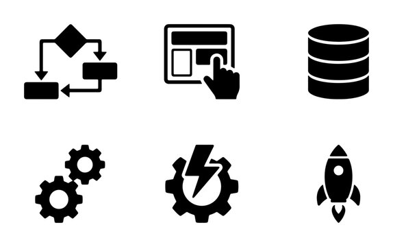 Set of 6 Business and Technology Icons: Flowchart, UI Design, Database, Gears, Energy, Rocket Launch