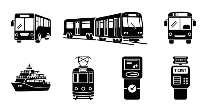 Public transport icon set with bus train ferry and ticket machine