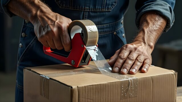 Close-up of hands sealing a cardboard box with packing tape.