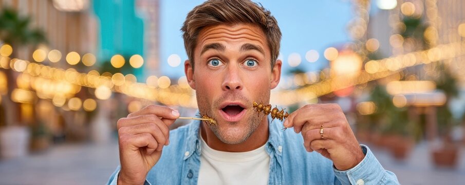 Young man surprised trying fried insect skewers at a lively evening street food market