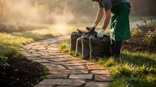 A person is taking care of a garden by disposing of trash on a stone pathway, highlighting the importance of property management and maintenance in preserving a clean and beautiful outdoor space.