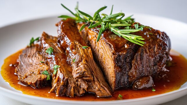 Tender slow-cooked beef roast with rich gravy fresh rosemary garnish. Succulent, fork-tender beef roast, braised to perfection served in its own savory juices, garnished with aromatic rosemary sprigs