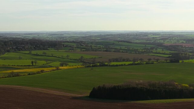 Rye crops covering wide countryside with patchwork farmland stretching toward horizon. Agricultural land alternating green fields and plowed soil under warm evening light. Rural farming region with