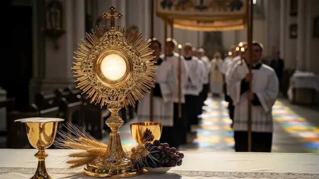 Consecrated venerate observance: Corpus Christi, Christ Body, Blood essence, holy Feast, divine religion, sacred rite, solemn procession, spiritual mystery, bless presence, faith believer.