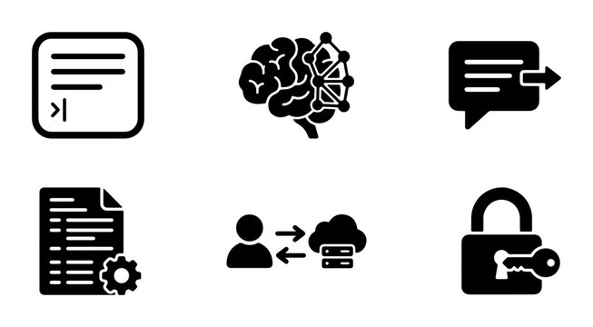 Modern Technology Icons: Code, AI Brain, Chat, Settings, Cloud Data, Security Lock, Vector Set for Digital Concepts