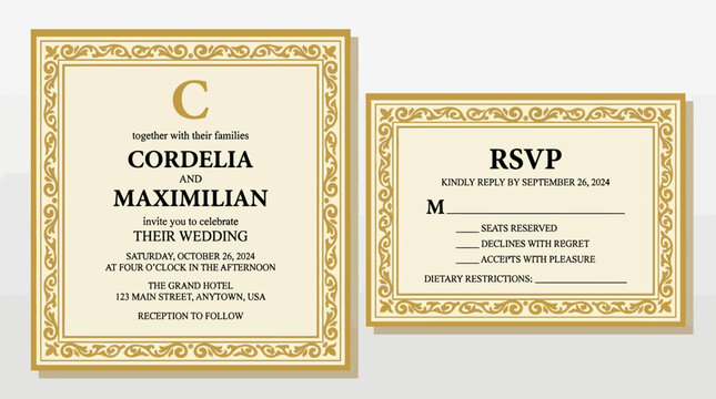 Wedding invitation card with gold design.