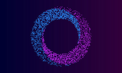 Fototapeta premium Dual-color particle dot ring with blue and magenta gradient transition forming a circular frame with open dark center on deep purple background, futuristic vector illustration.