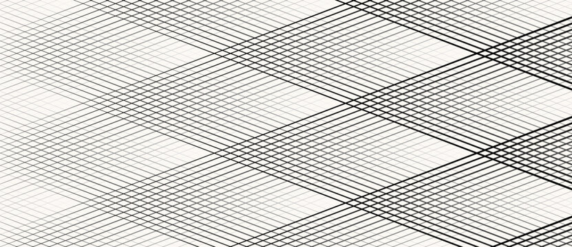 Diagonal straight line grid with gradient stroke weight from thin gray to bold black creating a perspective depth effect on white background, monochrome vector full-frame texture.