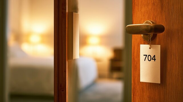 Open hotel room door with "704" tag, warm light illuminates bedroom