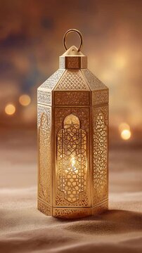 Glowing ornate metal lantern with warm light against bokeh background, Ramadan Kareem decoration, Islamic festival symbol, spiritual night atmosphere.