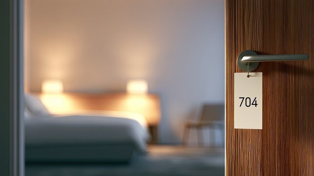 Room 704 A softly lit hotel room with a door ajar and hanging tag
