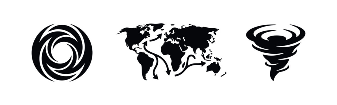 Environment and global weather icons featuring vortex swirl world map migration and tornado symbols