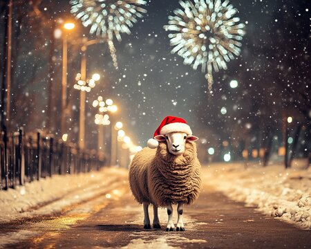 A Joyful Sheep in a Santa Hat Celebrating Christmas on a Snowy Road with Colorful Fireworks Display