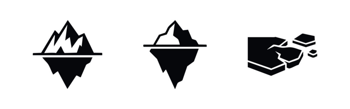 Arctic nature icons featuring icebergs above and below water and breaking ice rock symbols