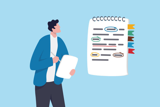 Meeting summary, conclusion, writing information, instruction or report, note taking lecture or sketching, project memo notebook, businessman writing or note taking on digital tablet with notebooks.