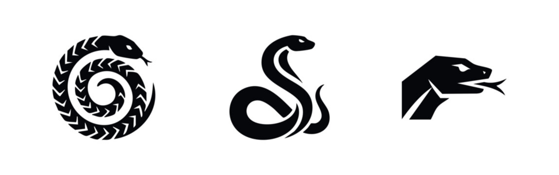 Reptile animal icons featuring coiled snake cobra silhouette and snake head with tongue