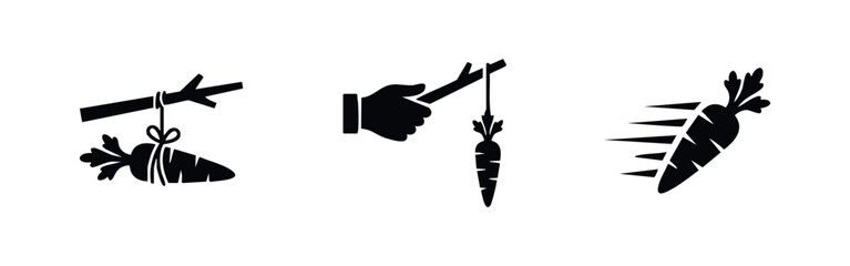 Set of carrot on a stick icons, symbolizing motivation, incentive, goals, and rewards. © Lili