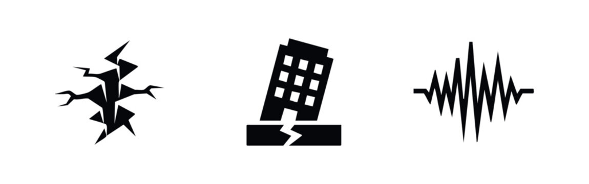Set of earthquake and seismic activity icons, depicting cracked ground, a damaged building, and a pulse wave.
