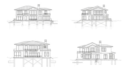 Obraz premium Luxury Coastal Villa Elevation Blueprint Collection Modern Waterfront House Vector Set